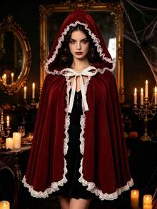 1pc Halloween Women's Shawl, Little Red Riding Hood Lace Patchwork Hooded Cape, Carnival Christmas Party, Holiday Performance Prop - Multicolor - View 1