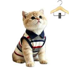HaoX 2pcs Pet Polo Collar Vest Shirt + Pet Storage Hook Set, Suitable For Cats And Small Dogs, Sleeveless Striped Pet Clothes, Suitable For Ragdoll, Golden Shaded, Devon Rex, Orange Cat, Teddy And Bichon, Comfortable Indoor Daily Wear Set - Multicolor - View 9