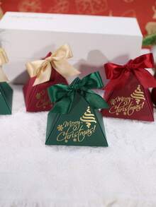 5 Buah Kotak Hadiah Piramida Selamat Natal dengan Pita Satin, Motif Pohon Natal Emas & Kepingan Salju, Kotak Hadiah Mini Elegan Merah Hijau Putih untuk Pesta Natal, Hadiah Liburan, Pernikahan & Acara Meriah - 7,5X7,5X7,5cm - View 7