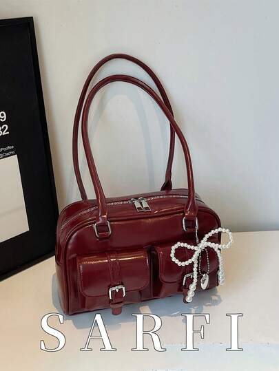 1pc Solid Color Multi-Pocket Zipper Women's Bag, Fashionable Multi-Functional PU Material Shoulder Bag, Suitable For Women's Daily Commute