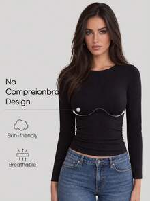 Women's Black Long Sleeve Crew Neck Slim Fit Casual Basic Top, Autumn Outfit - Black - View 2