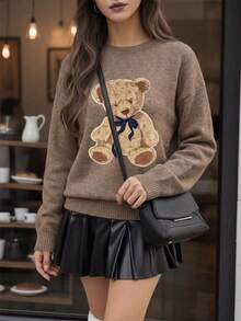 Plus Size Women's Cute Bow Teddy Bear Print Loose Long Sleeve Pullover Sweater - Earth Gray - View 2