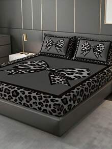 Fitted Sheet Set (1 Fitted Sheet + 2 Pillowcases), Leopard Print Bow Contrast Color Pattern, Soft & Skin-Friendly, Multiple Sizes Available, All Season Use, Anti-Pilling, Suitable For Single/Double Beds, Ideal For Bedroom, Dorm, Guest Room, Daily Use, Holiday Gift Choice - Multicolor - View 1
