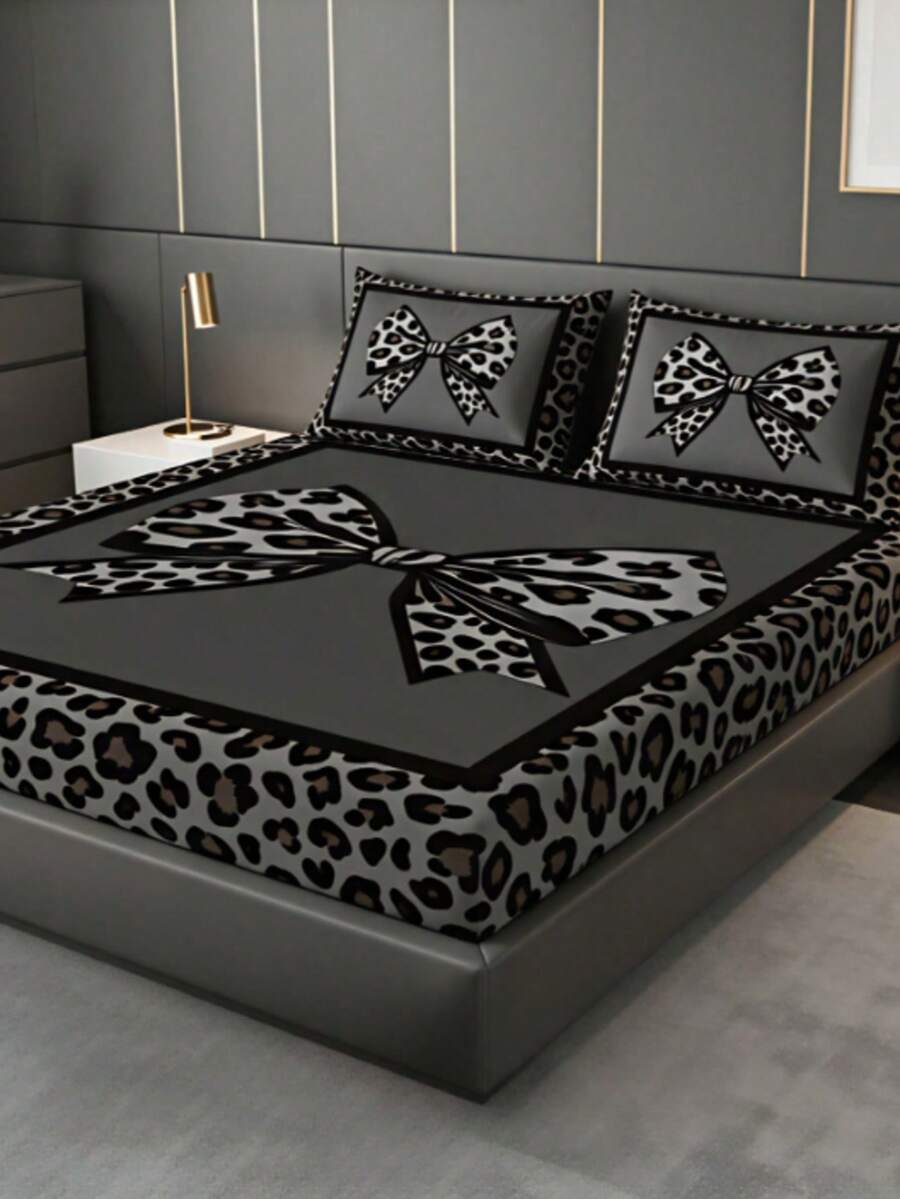 Fitted Sheet Set (1 Fitted Sheet + 2 Pillowcases), Leopard Print Bow Contrast Color Pattern, Soft & Skin-Friendly, Multiple Sizes Available, All Season Use, Anti-Pilling, Suitable For Single/Double Beds, Ideal For Bedroom, Dorm, Guest Room, Daily Use, Holiday Gift Choice - Multicolor - View 1