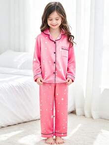 2pcs Tween Girl Starry Sky Print Trim Long Sleeve Top And Pants Pajama Set, Pink - Multicolor - View 6