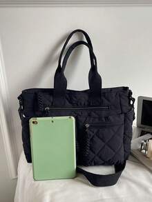 Large Capacity Tote Bag, 3D Quilted Diamond Pattern, Multi-Zipper Pocket Design, Relaxed Casual Style, Black Lightweight Crossbody Handbag, Suitable For Work Commute, Campus Study, Short Trips, Grocery Shopping, Minimalist Versatile Practical Shoulder Bag - Black - View 11