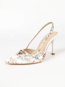 Women's White French Floral Pointed Toe High Heel Shoes, Thin Heel Backless Strap Bow Low Vamp Pumps, Gentle Style Date High Heels - White - View 2
