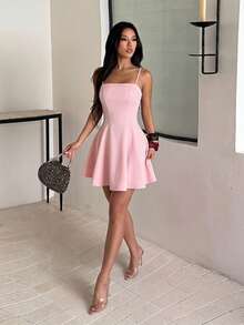 Autumn Solid Color Square Neck Patchwork Spaghetti Strap Dress Women's Elegant Dress - Pink - View 5