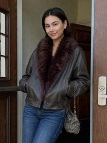 Women's Chic Mocha Brown PU Wrap Front Bomber Jacket Contrast Faux Fur Shawl Collar Elastic Hem Fall Outfits Autumn Clothes Going Out - Mocha Brown - View 4