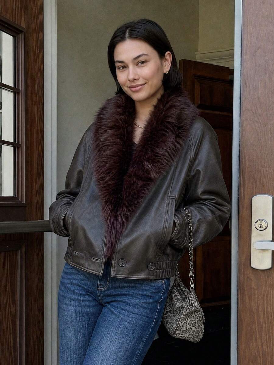 OUTTA BOX Elegant Mocha PU Aviator Moto Coat For Women Fluffy Faux Fur Lapel Side Pockets Halloween Party Clothes Autumn Winter Outfits - Mocha Brown - View 1