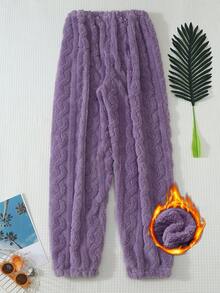 1pc Women's Solid Color Soft Comfortable Thermal Lined Thickened Pajama Pants, Autumn/Winter - Purple - View 2