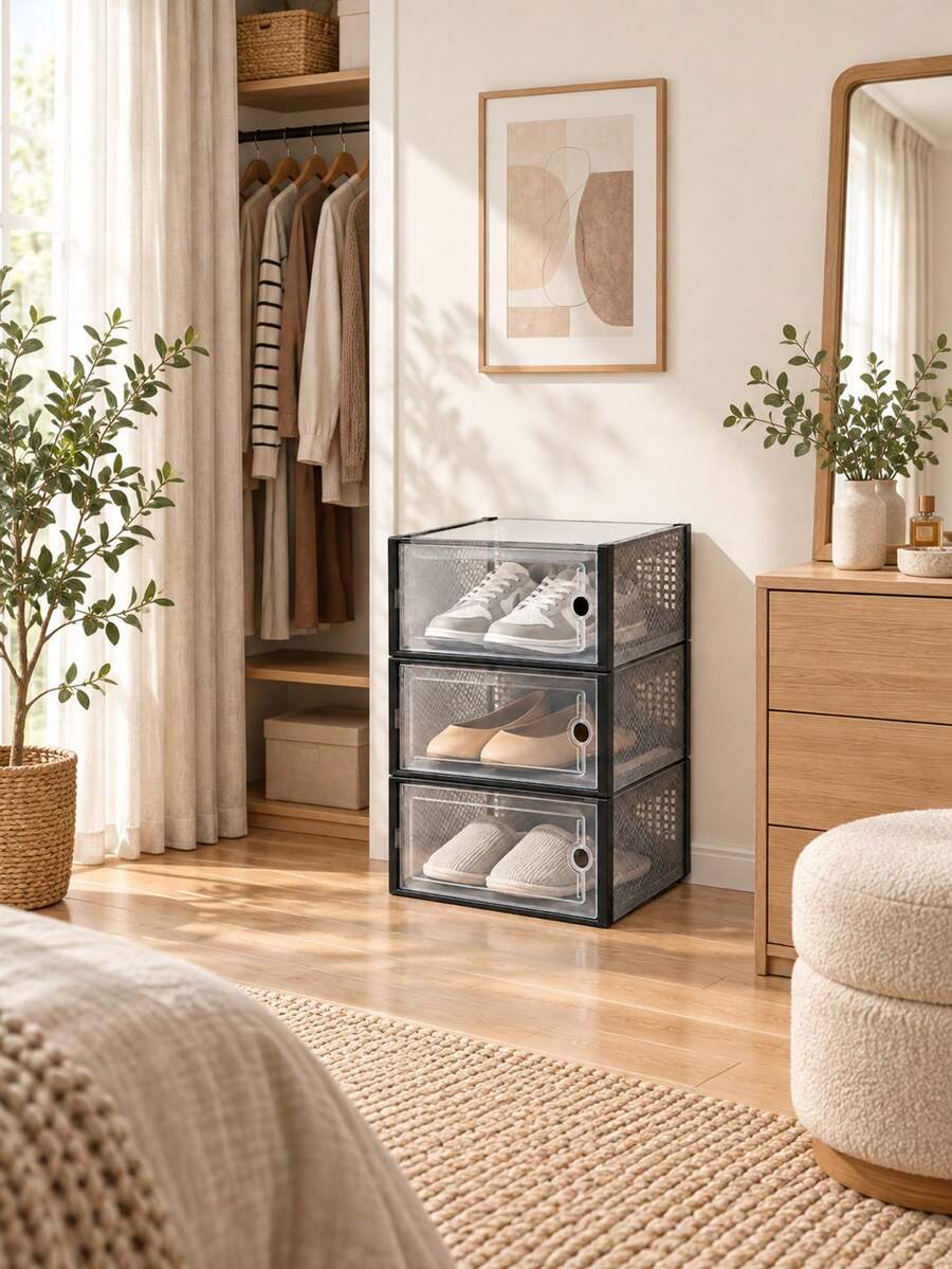 12/6/1pc Large Shoe Box, Back To School, Stackable Modular Shoe Box, Transparent Plastic Shoe Box With Lid, Shoe Display Box, Stackable Transparent Shoe Storage Box, White, Black, Grey - View 1