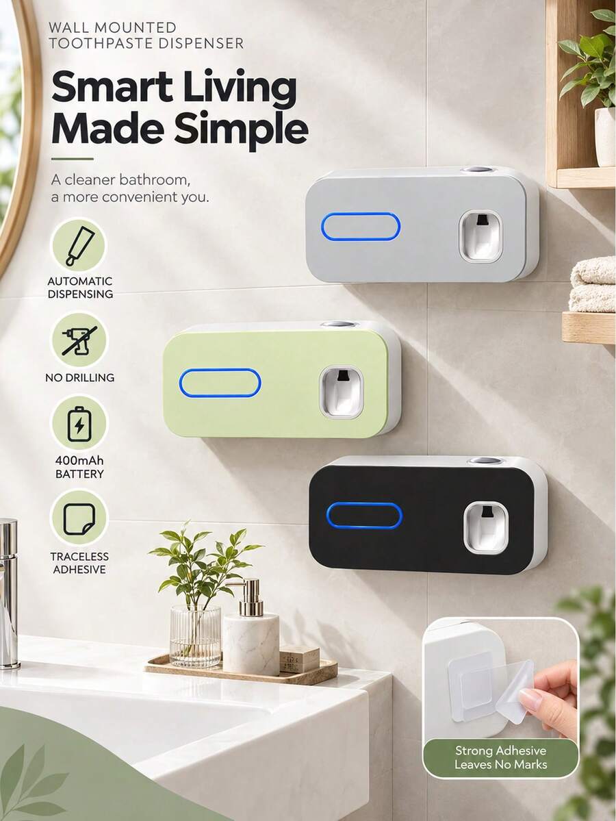 Smart Toothbrush Holder, Wall-Mounted Storage Rack, Automatic Toothpaste Dispenser, Electric Toothbrush Holder, Drill-Free Installation, Suitable For Dorm And Home Bathroom Storage, 400mAh