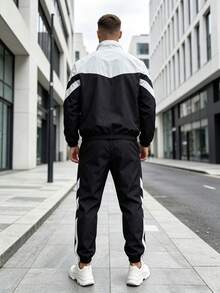1 Set Men's Spring/Autumn Colorblock Sports Outfit, Stand Collar Zip-Up Jacket & Side Stripe Joggers, 2-Piece Urban Commute Casual Set - Black and White - View 2