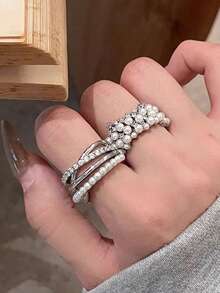 1pc Luxury Niche High-End Crown Fashion Elegant Versatile Index Finger Ring Multi-Layer Sparkling Rhinestone Pearl Ring For Women - Multicolor - View 2