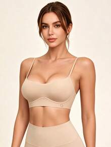 Lilivine Bra wanita tanpa jahitan dengan tali spaghetti, model U-shaped low-back bandeau tak terlihat, bra push-up setengah cup tanpa kawat yang bernapas, untuk pemakaian sehari-hari. - Khaki - View 3