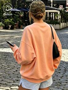 Women Cotton Crew Neck Loose Sweatshirt For Autumn Pink Striped White Duck Print WHAT THE Casual Street Sport Style - Hami Melon Orange - View 3