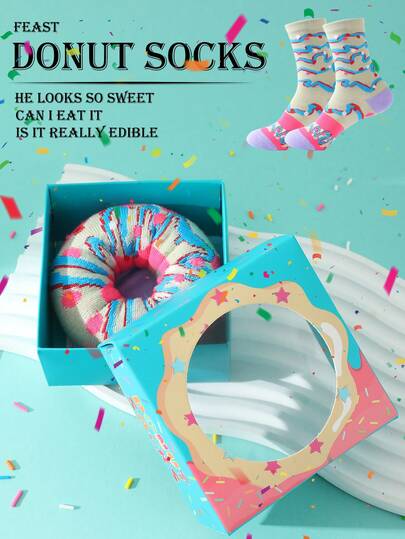 1 Pair Gift Box Surprise Donut Socks - Whimsical Creative Gift Socks, Unisex Autumn/Winter Mid-Calf Sports Socks, Fashionable Comfortable Breathable Sports Socks Casual Socks Outdoor Socks, High Elastic Knit Fabric, Suitable For All Seasons, Can Be Used As Birthday/Thanksgiving/Halloween/Christmas/Valentine's Day/New Year/Christmas Gifts And Other Holiday Gifts/Party Supplies/Gym Sports And Family Gathering Gifts, Perfect Christmas Gift And Perfect Birthday Gift