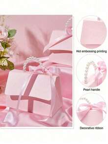1/5/10Pcs Faux Pearl Decorative Gift Bags, Minimalist Party Packaging Bags, Pink Gift Bags With Handles, Paper Gift Boxes With Pearl Handles Decoration, Suitable For Valentine's Day And Wedding Gifts,Embossed Flower Boxes For Mini Packaging Bags - Pink - View 7