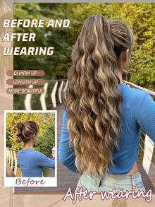 HEYPINK Ombre Colored Claw Ponytail Extension Hair Accessory 24 Inches Long Natural Water Wave Heat-Resistant Fiber Synthetic Ponytail Wig, Suitable For Women's Daily Use - Black Brown - View 4