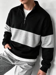 Men's Black & Gray Striped Contrast Half-Zip Sweatshirt, Drop Shoulder Pullover Casual Sweatshirt For Autumn/Winter/Spring - Black - View 5
