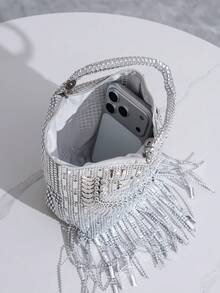 亮面流蘇晚宴包，鑲鑽裝飾，不對稱手提包，Mine 風格手拿包，優雅女士手提包 - 銀色 - 查看 10