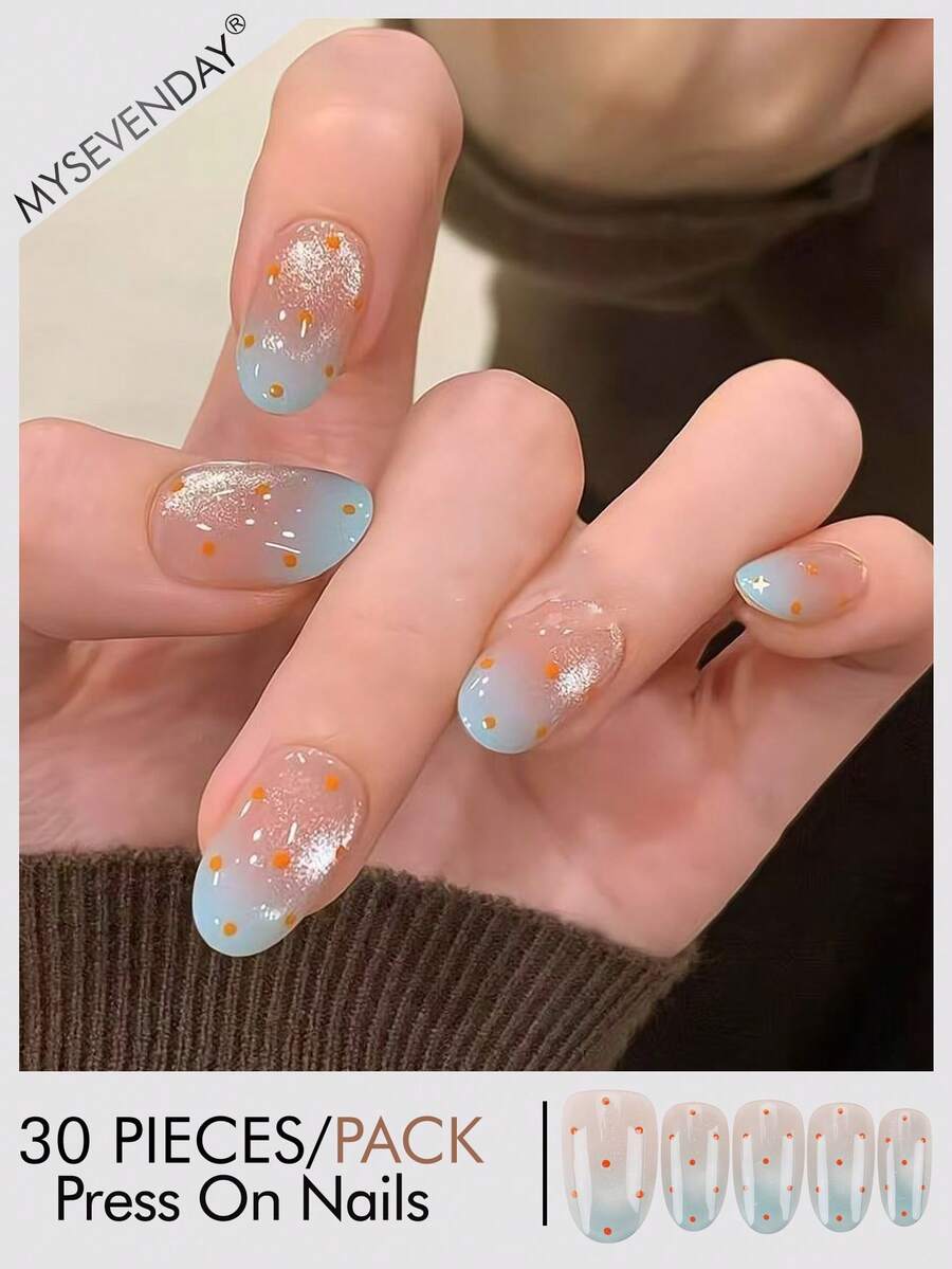 30片短橢圓形穿戴式美甲貼,裸色至淺藍漸層配橘色波點與細閃亮片,附果凍膠與美甲锉,秋季美甲必備 - 彩色 - 查看 1