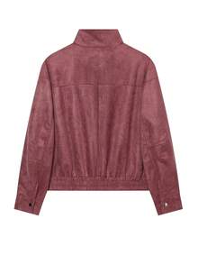 Women's Short Faux Suede Flight Jacket, Autumn Burgundy Long Sleeve Zip-Up Stand Collar Outerwear, Commute Office Outfit Jacket - Burgundy - View 6