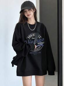 Women's Fashion Autumn/Winter Loose Casual Versatile Letter Print Pattern Crew Neck Sweatshirt - Black - View 4