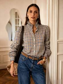 Women's Vintage Plaid Button-Up Shirt, Loose Fit Plus Size Long Sleeve Top, Suitable For Casual Daily Wear - Brown and Blue Plaid - View 2