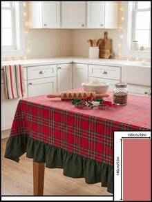 1pc Red & Green Classic Large Plaid Tablecloth, Traditional Country Style, Rectangular Green Leaf Edge With Pleated Details, Stain-Resistant Protective Table Cover, Functional Home Long Tablecloth Suitable For Christmas Family Gatherings And Winter Holiday Kitchen Decor - Red - View 14