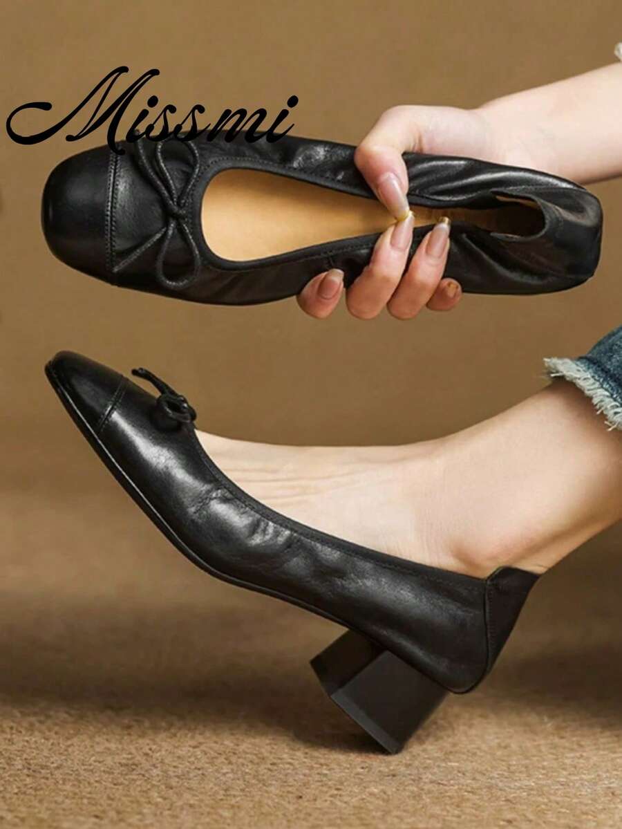 Handmade Comfortable Women's Shoes, Round Toe Slip-On Bow Decor Soft Sole Flat/High Heel Ballet Flats, 2026 Spring/Autumn New Style,Block Heels - Black - View 1