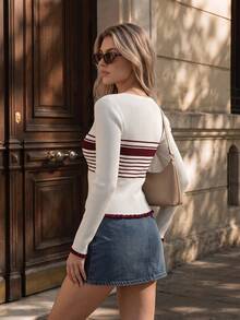 Aflion Women Fall Winter Cream Burgundy Striped Knit Sweater U Neck Drawstring Slim Fit Casual Back To School Campus Daily Class Going Out Top - White - View 10