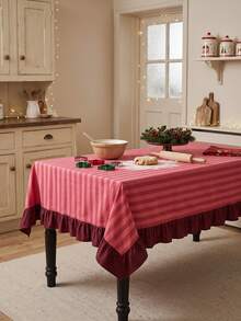 1pc Red And White Thin Striped With Burgundy Ruffle Edge Tablecloth, Christmas Baking Style Fabric Material, Rectangular Burgundy Ruffle Edge Patchwork Detail, Stain-Resistant Protection And Decorative Function For Home Long Table, Suitable For Christmas Baking Decor And Holiday Kitchen Scenes - Red - View 2