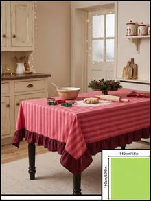 1pc Red And White Thin Striped With Burgundy Ruffle Edge Tablecloth, Christmas Baking Style Fabric Material, Rectangular Burgundy Ruffle Edge Patchwork Detail, Stain-Resistant Protection And Decorative Function For Home Long Table, Suitable For Christmas Baking Decor And Holiday Kitchen Scenes - Red - View 13