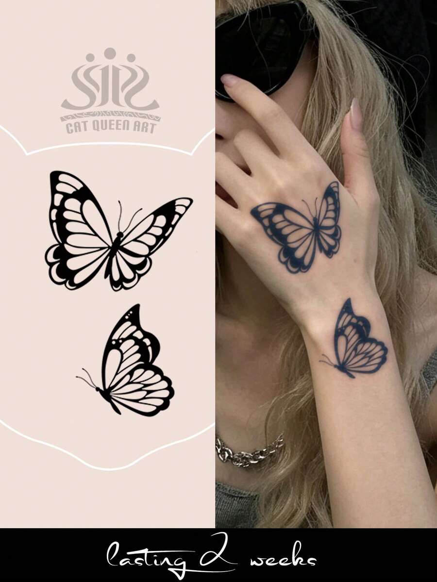 Herbal Juice Semi-Permanent Magic Tattoo Sticker Hollow Butterfly Design Long-Lasting 14 Days No Fading No Reflection Arm Waist Abdomen Shoulder Back Leg Body Temporary Tattoo Sticker 1pc - Blue - View 1