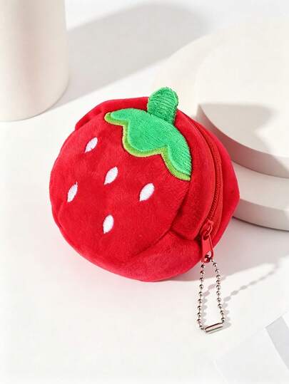 1pc Girls Strawberry Embroidery Plush Mini Coin Purse, Small Capacity Cute Cartoon Zipper Pouch With Keychain, Suitable For Daily Use And Holiday Gifts