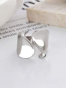 Silvery Liquid Metal Open Ring, Chunky Irregular Wave Curved Smooth Statement Ring, Adjustable Molten Fluid Band Geometric Jewelry Gift For Women Men - Silver - View 3