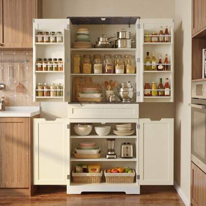 Asofer Aparador alto con 4 puertas y cajón, estantes regulables en altura – Aparador multiusos para cocina, comedor, salón, mueble de almacenaje 73x39x180cm