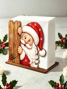 1/2pcs Peek-A-Boo Santa Claus Wooden Napkin Holder And Tissue Box - Hidden Santa With Snowflake And Holly Berry Desktop Decor, Detachable Tabletop Storage Box, Suitable For Home Kitchen, Christmas Party Decoration, Desktop Tissue Holder - Multicolor - View 7
