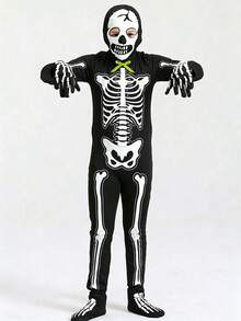 4pcs Boys' Glow-In-The-Dark Horror Bowknot, Skeleton Jumpsuit Costume For Halloween Cosplay Party Performance - Multicolor - View 9