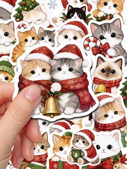 50Pcs Christmas Cat Aesthetic Stickers, Cute Xmas Kitten Character Stickers, PVC Waterproof Self-Adhesive Decals For Journals, Laptops, Water Bottles