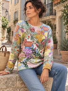 New Women's Fashion Long-Sleeved Round Neck Pullover Sweater, Unique Printed Pattern, Soft And Comfortable, Autumn And Winter Style, Daily Wear - Multicolor - View 1