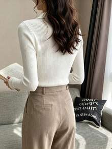 Women's Autumn/Winter Oversized Collar Knit Sweater, Slim Fit Flattering Long Sleeve Base Layer, Minimalist Solid Color All-Match Style White - White - View 2
