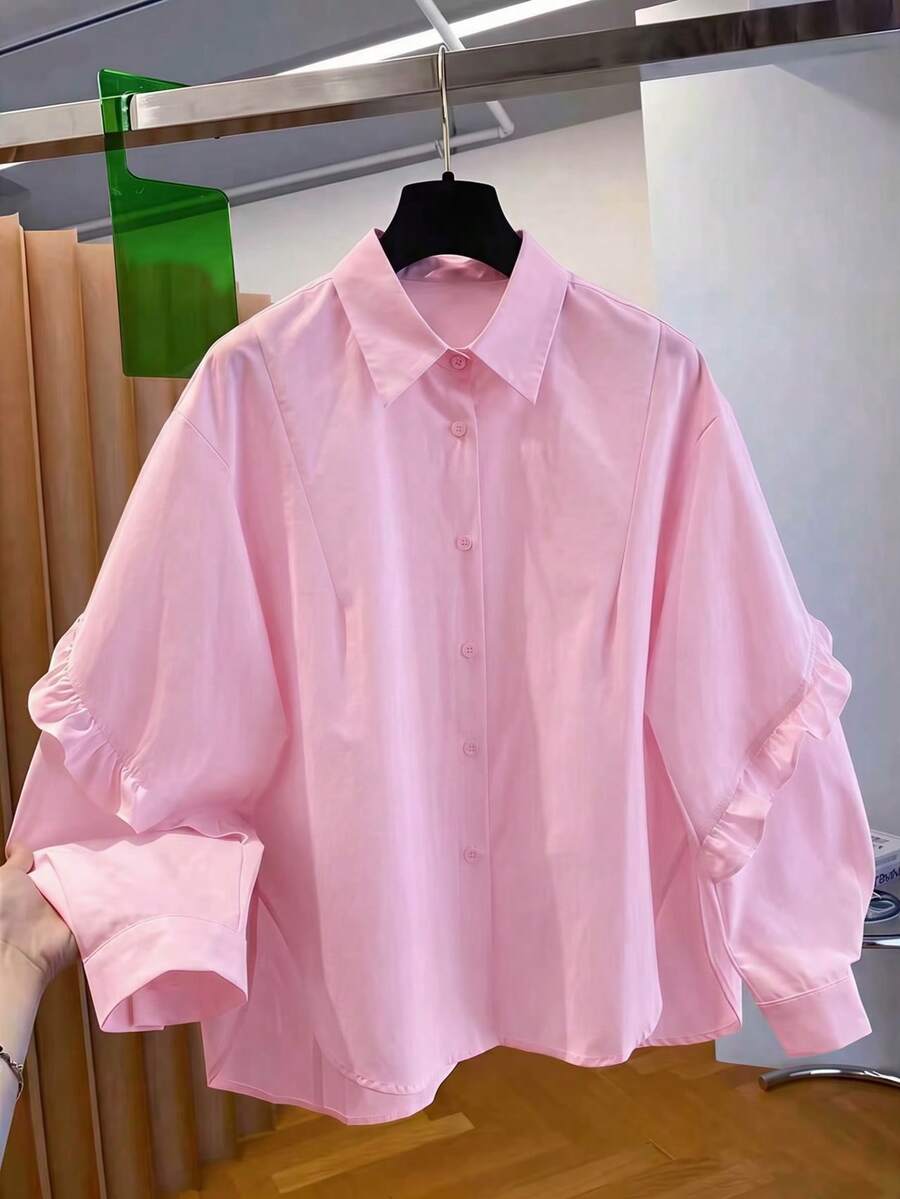 Solid Color Front Button Ruffle/Flounce Trim Blouse, Long Sleeve Shirt For Women, Spring Summer Autumn - Baby Pink - View 1