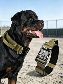 Tactical Heavy Duty Dog Collar With Control Handle, Adjustable Nylon Collar With Quick Release Metal Buckle And Metal D-Ring, Comfortable Thick Padded Lining, Suitable For Medium To Large XL Dogs, Ideal For Outdoor Walking And Training - Khaki - View 1