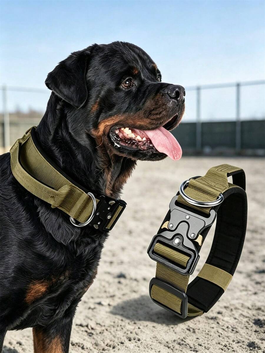 Tactical Heavy Duty Dog Collar With Control Handle, Adjustable Nylon Collar With Quick Release Metal Buckle And Metal D-Ring, Comfortable Thick Padded Lining, Suitable For Medium To Large XL Dogs, Ideal For Outdoor Walking And Training - Khaki - View 1