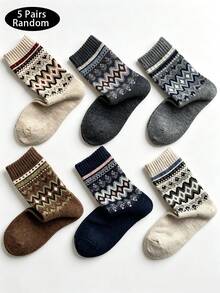 5 Pairs Men's Vintage Fair Isle Jacquard Mid-Calf Socks, Diamond Geometric Pattern Casual Socks For Daily Wear, Autumn/Winter - Multicolor - View 10
