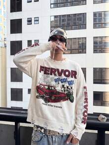 BLACKTOEXIT Men's Crew Neck Sweater Casual Loose American Motorcycle Style Distressed Ripped Knit Pullover Autumn/Winter - Apricot - View 6