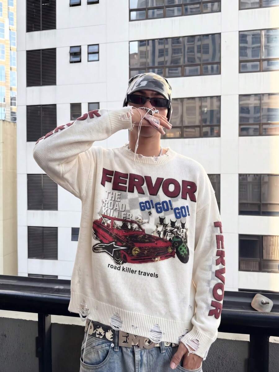 BLACKTOEXIT Men's Crew Neck Sweater Casual Loose American Motorcycle Style Distressed Ripped Knit Pullover Autumn/Winter - Apricot - View 1